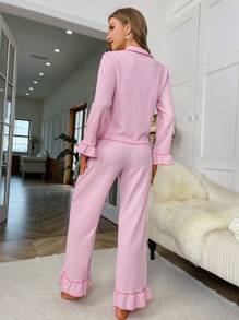 对比色滚边荷叶边袖子荷叶边下摆上衣和裤子休闲套装假日季节服装 - 粉色 - 查看 2