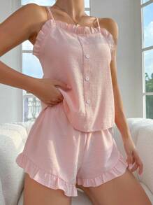 Côtesoire Frill Trim Cami Top & Shorts PJ Set / Pajama Set Holiday Season - Baby Pink - View 1