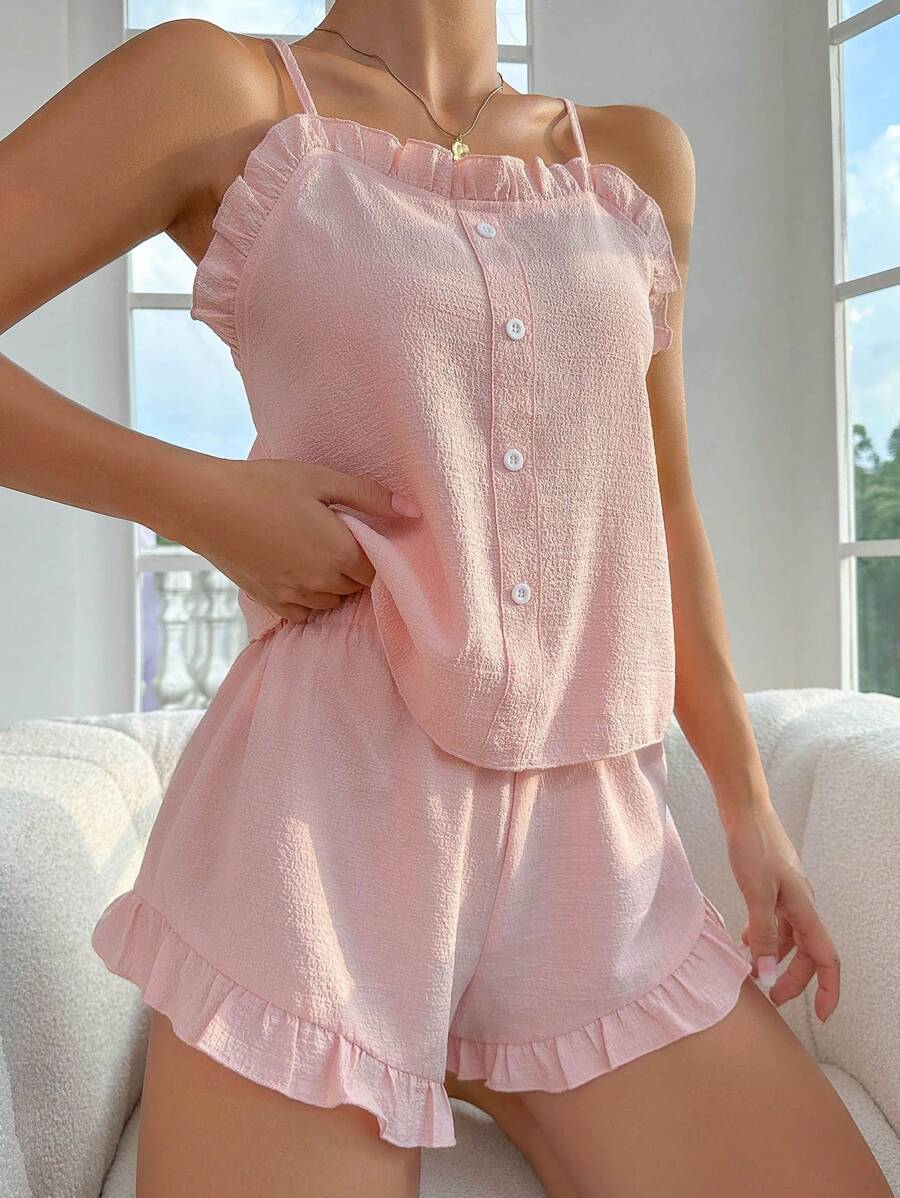 Côtesoire Frill Trim Cami Top & Shorts PJ Set / Pajama Set Holiday Season - Baby Pink - View 1