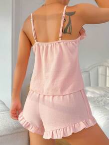 Côtesoire Frill Trim Cami Top & Shorts PJ Set / Pajama Set Holiday Season - Baby Pink - View 2