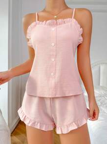 Côtesoire Frill Trim Cami Top & Shorts PJ Set / Pajama Set Holiday Season - Baby Pink - View 5