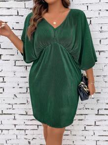 SHEIN Clasi Plus Batwing Sleeve Lettuce Trim Dress - Green - View 5