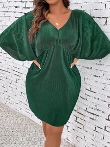 SHEIN Clasi Plus Batwing Sleeve Lettuce Trim Dress - Green - View 6