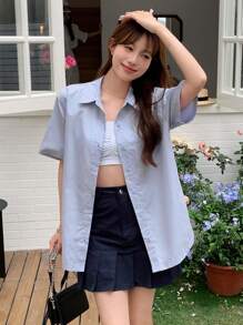 DAZY 字母圖案落肩袖超大襯衫 - 藍色 - 查看 2