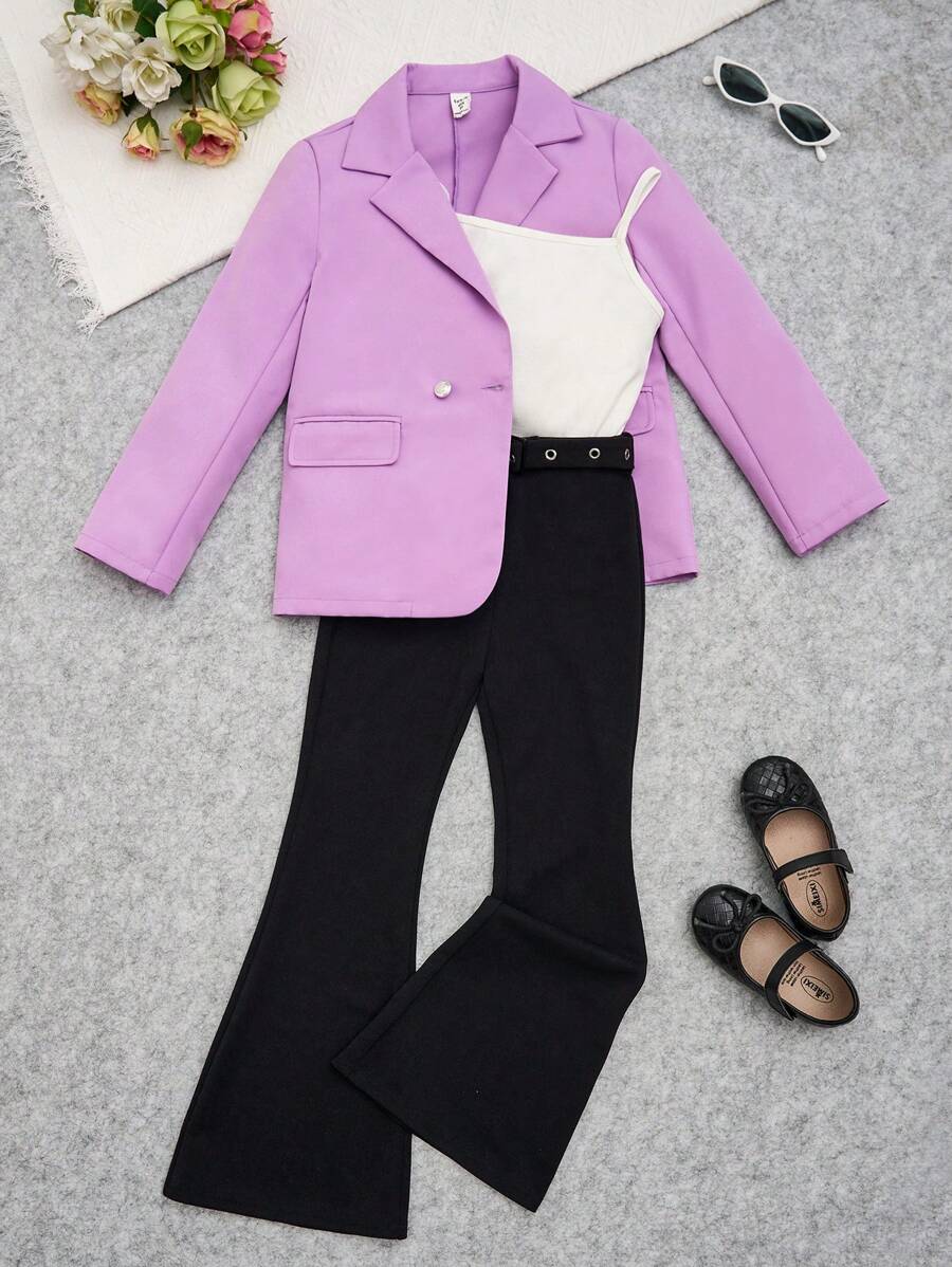 SHEIN Tween Girl Double Breasted Blazer & Flare Leg Pants With Cami Top - Multicolor - View 1