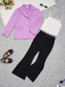 SHEIN Tween Girl Double Breasted Blazer & Flare Leg Pants With Cami Top - Multicolor - View 3