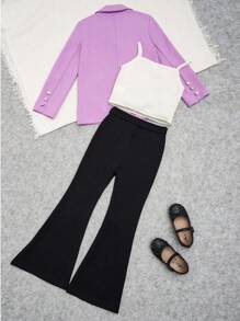 SHEIN Tween Girl Double Breasted Blazer & Flare Leg Pants With Cami Top - Multicolor - View 6