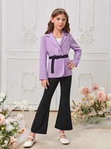 SHEIN Tween Girl Double Breasted Blazer & Flare Leg Pants With Cami Top - Multicolor - View 7