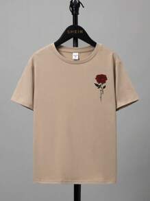 SHEIN 休閒半成年男孩卡其色圓領玫瑰花圖案t恤 - 卡其色 - 查看 1