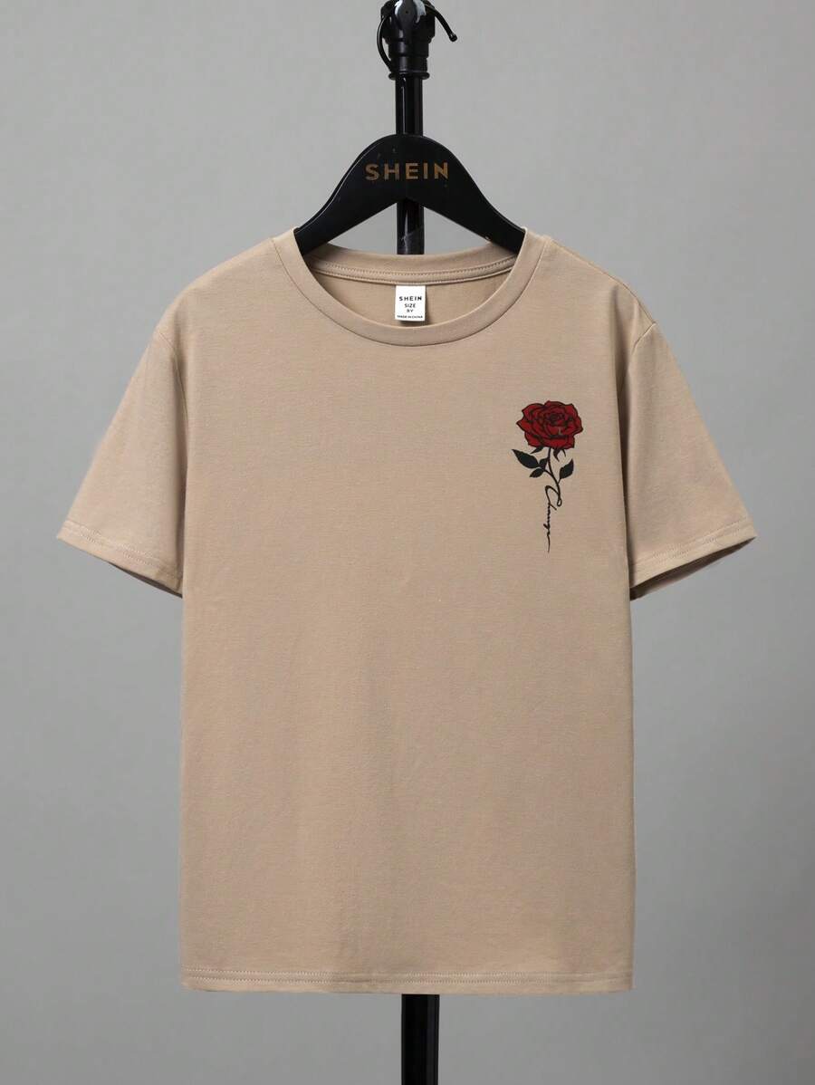 SHEIN 休閒半成年男孩卡其色圓領玫瑰花圖案t恤 - 卡其色 - 查看 1