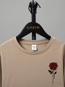 SHEIN 休閒半成年男孩卡其色圓領玫瑰花圖案t恤 - 卡其色 - 查看 4