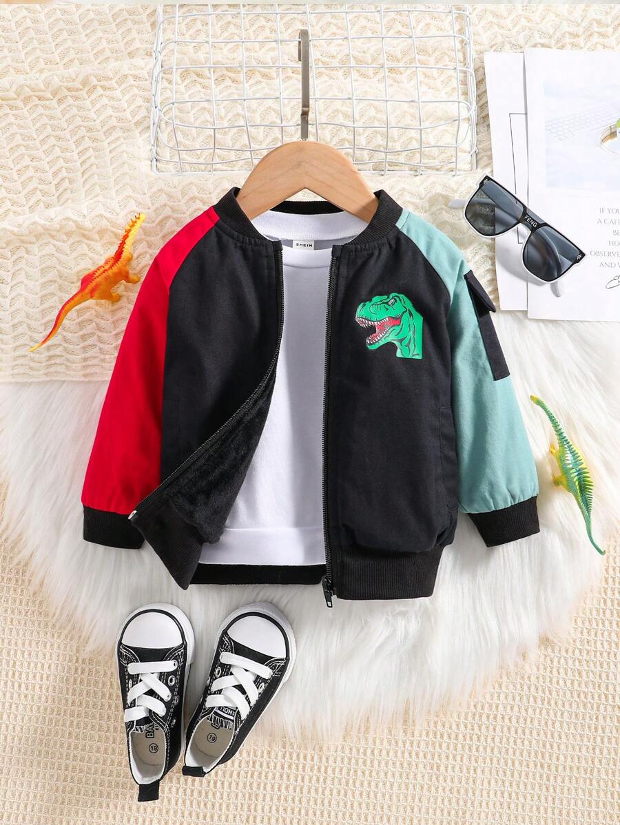 Baby Boy Dinosaur Print Raglan Sleeve Colorblock Bomber Jacket Without Tee - Multicolor - View 1