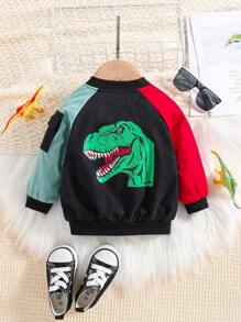 Baby Boy Dinosaur Print Raglan Sleeve Colorblock Bomber Jacket Without Tee - Multicolor - View 2