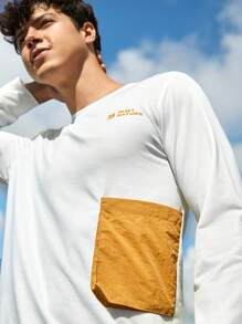 SHEIN In My Nature Men Letter Graphic Contrast Panel Patched Pocket Outdoor Pullover - White - View 3