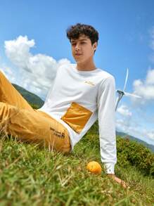 SHEIN In My Nature Men Letter Graphic Contrast Panel Patched Pocket Outdoor Pullover - White - View 4