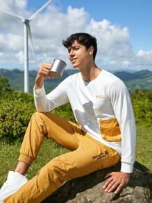 SHEIN In My Nature Men Letter Graphic Contrast Panel Patched Pocket Outdoor Pullover - White - View 6