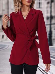 SHEIN Clasi Blazer de cuello con solapa con nudo lateral cruzado - Rojo - Ver 2
