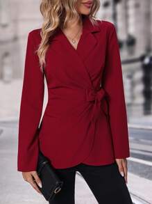 SHEIN Clasi Blazer de cuello con solapa con nudo lateral cruzado - Rojo - Ver 5