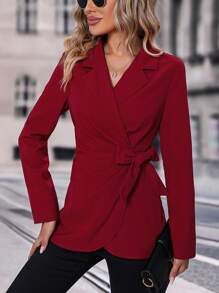 SHEIN Clasi Blazer de cuello con solapa con nudo lateral cruzado - Rojo - Ver 6