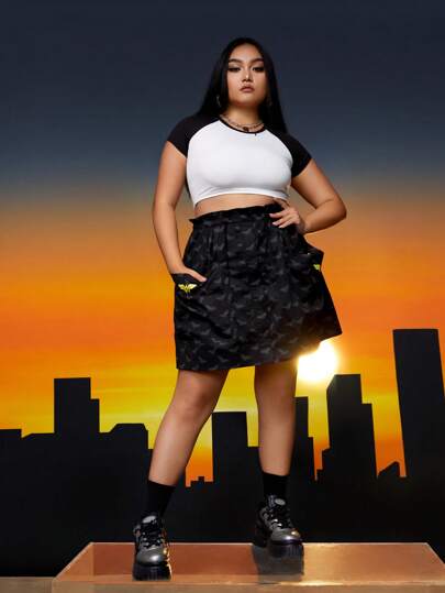 WONDER WOMAN X SHEIN Plus Mixade Mönster Dragsko i Midjan Påsydd Ficka Kjolar