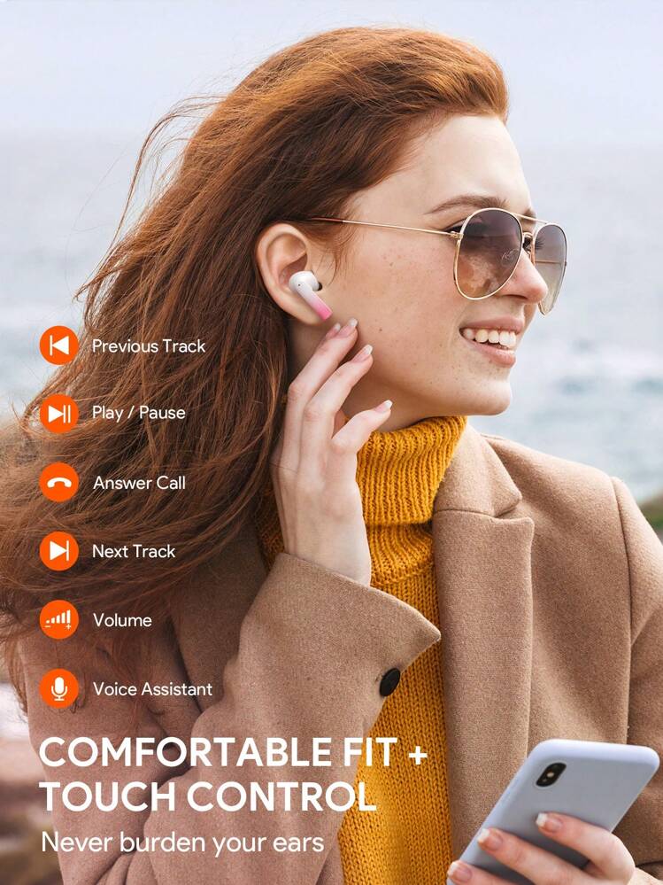 JMMO 无线入耳式耳塞 5.3 触控降噪 IPX4 防水 配备 10 毫米驱动器和 USB-C 充电端口 圣诞礼物、秋冬季假期必备品 露营度假必需品 度假配件、露营用品 - 藍白色 - 查看 2