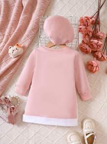 SHEIN Baby Girl Cartoon Graphic 3D Ear Design Bow Front Sweatshirt Dress & Hat - Pink - View 2
