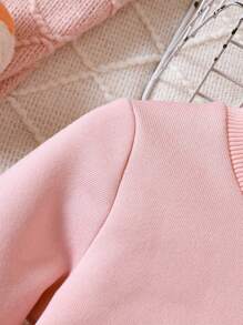 SHEIN Baby Girl Cartoon Graphic 3D Ear Design Bow Front Sweatshirt Dress & Hat - Pink - View 7