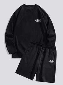 Men Letter Graphic Tee & Drawstring Waist Shorts - Black - View 1