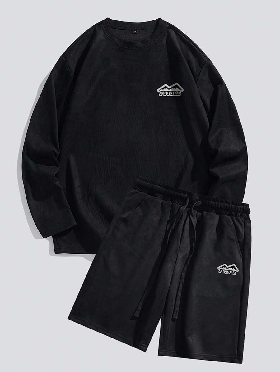 Men Letter Graphic Tee & Drawstring Waist Shorts - Black - View 1