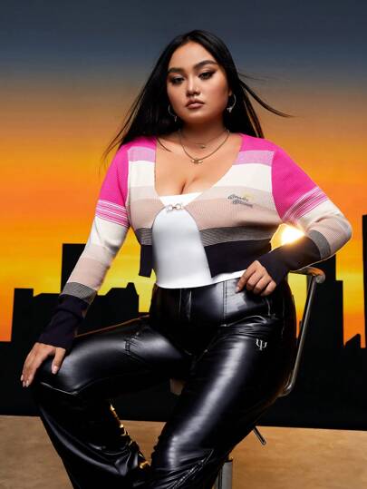 WONDER WOMAN X SHEIN Plus Colorblock Chain Front Crop Cardigan