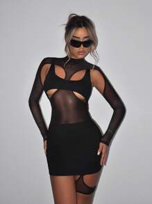 SHEIN ICON 前鏤空網紗緊身洋裝 - 黑色 - 查看 4