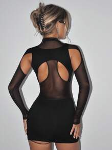SHEIN ICON 前鏤空網紗緊身洋裝 - 黑色 - 查看 5