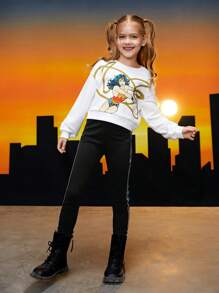 WONDER WOMAN X SHEIN 女大童人像圖案落肩袖套頭衫 - 白色 - 查看 5