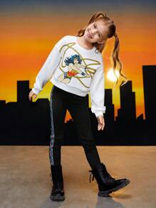 WONDER WOMAN X SHEIN 女大童人像圖案落肩袖套頭衫 - 白色 - 查看 6