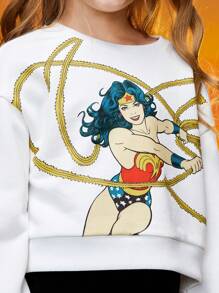 WONDER WOMAN X SHEIN 女大童人像圖案落肩袖套頭衫 - 白色 - 查看 7