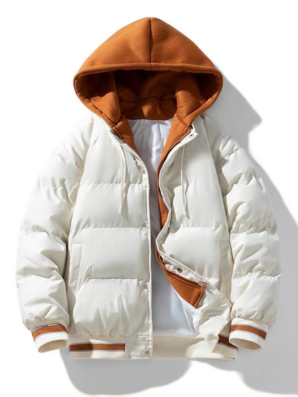 1 pièce Manteau matelassé à capuche avec bordure rayée pour homme