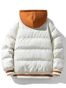 Men 1pc Striped Trim Hooded Padded Coat - White - View 2
