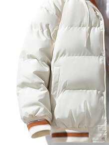 Men 1pc Striped Trim Hooded Padded Coat - White - View 4