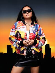 WONDER WOMAN X SHEIN 大碼人物和字母圖案拉鏈開襟飛行員夾克 - 彩色 - 查看 1