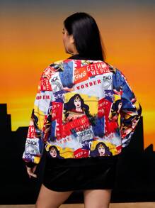 WONDER WOMAN X SHEIN 大碼人物和字母圖案拉鏈開襟飛行員夾克 - 彩色 - 查看 2
