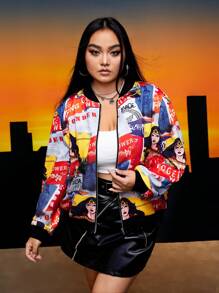WONDER WOMAN X SHEIN 大碼人物和字母圖案拉鏈開襟飛行員夾克 - 彩色 - 查看 5