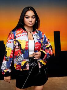 WONDER WOMAN X SHEIN 大碼人物和字母圖案拉鏈開襟飛行員夾克 - 彩色 - 查看 6
