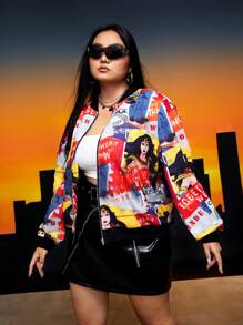 WONDER WOMAN X SHEIN 大碼人物和字母圖案拉鏈開襟飛行員夾克 - 彩色 - 查看 7