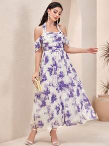 Modelyn Tie Dye Halter Neck Dress - Apricot - View 1