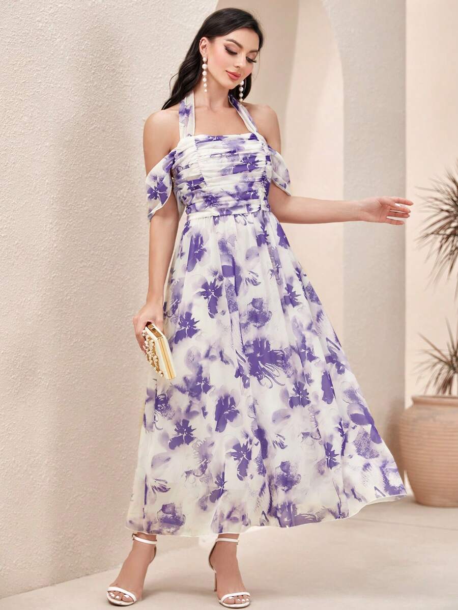 Modelyn Tie Dye Halter Neck Dress - Apricot - View 1
