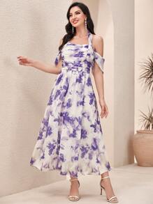 Modelyn Tie Dye Halter Neck Dress - Apricot - View 3