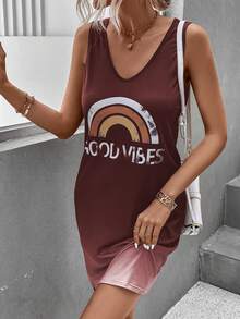 SHEIN LUNE 彩虹和字母圖案背心連衣裙 - 酒紅色 - 查看 3