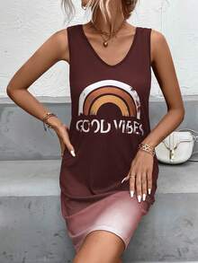 SHEIN LUNE 彩虹和字母圖案背心連衣裙 - 酒紅色 - 查看 4