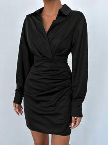 EURMUSE 素色褶邊襯衫洋裝 - 黑色 - 查看 5