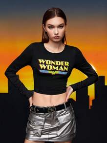 WONDER WOMAN X SHEIN 字母圖案短款T恤 - 黑色 - 查看 3